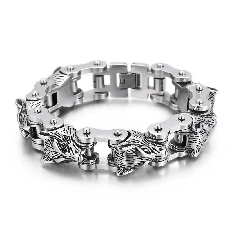 KALEN Punk Stainless Steel Fashion Bracelets Bangles Wolf Heads Bike Chain Bracelet for Men
