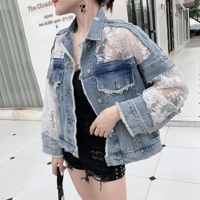 

Plus Size Fall Clothing Double-Layer Lace Mesh See-Through Top Denim Jacket