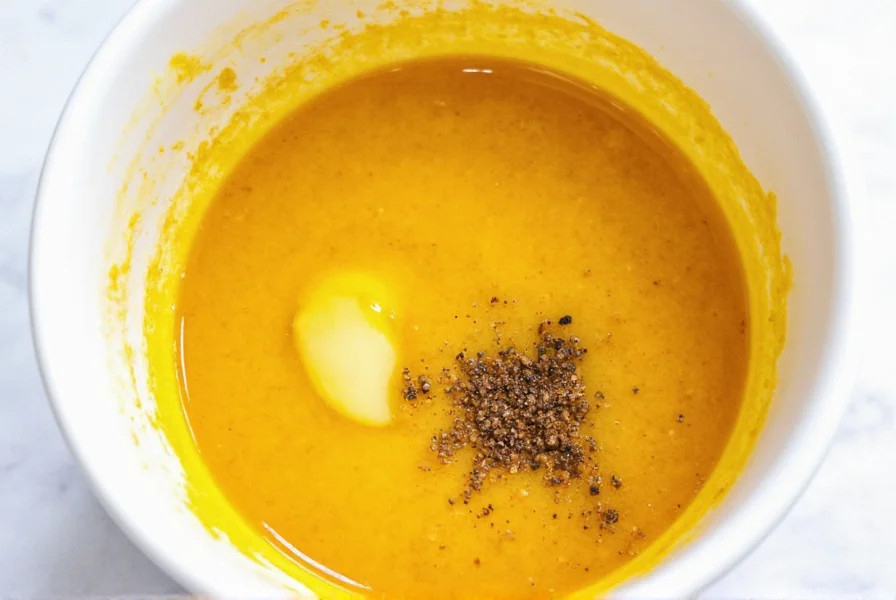 Golden paste preparation for dogs showing turmeric, coconut oil, and black pepper mixture in a small bowl