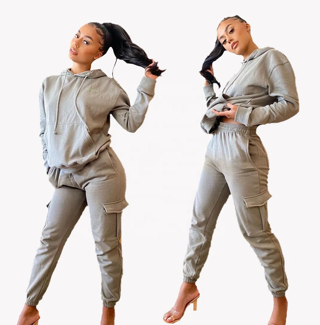 

B63962A European and American fashion women's thicken overalls pocket pants two piece sports pants set, Gray