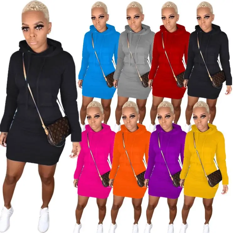 

Fall Fashion Women Solid Color Long Sleeve Hoodie Dress Casual Dresses