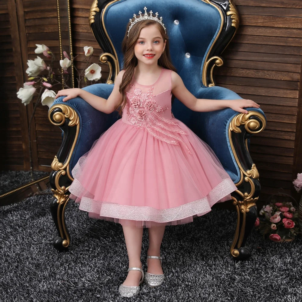 

Summer Lace Tulle Straps Children's Three-dimensional Flower Dress Little Girl Sleeveless Elegant Banquet Wear, Pink ,blue ,white ,champagne ,bean powder