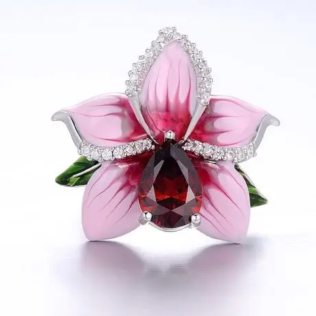 

2020 Manufacturer direct sale Enamel Red flower Zircon jewelry ring for Women, Silver