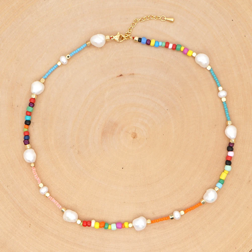 

Go2Boho 2021 Boho Summer Beach Necklace Colorful Beads Jewelry Handmade Beaded Freshwater Pearl Necklaces For Women Gift, Mixed color
