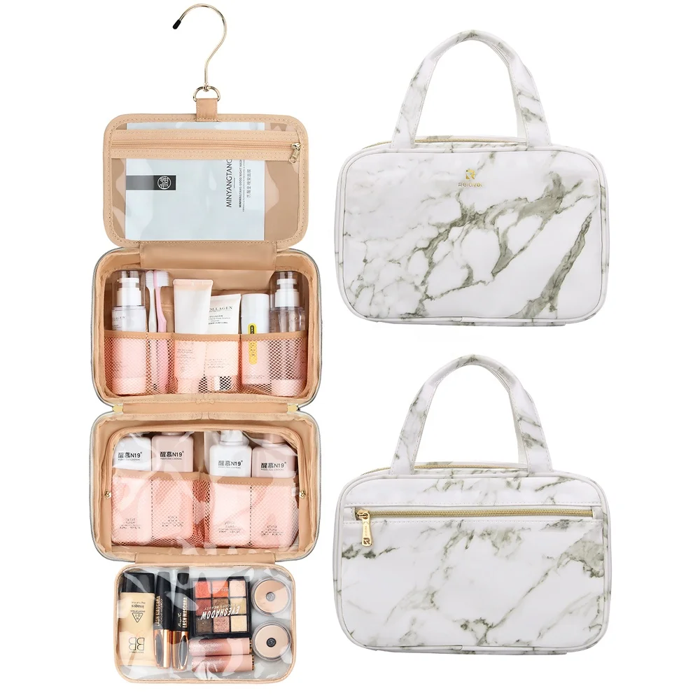 

Relavel 2021 New Portable Cosmetics Makeup Organizer Travel Items Hanging Compact Bathroom Storage Toiletry Bag, Marble white