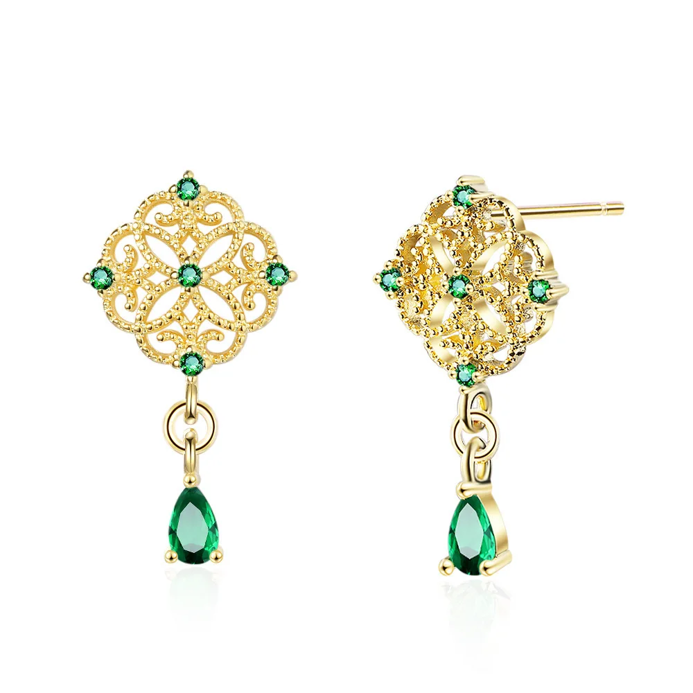 

Vintage Chinese Style Hollow Out Flower Stud Earrings Antique Emerald Water Drop Crystal Tassel Earrings For Lady, Gold color