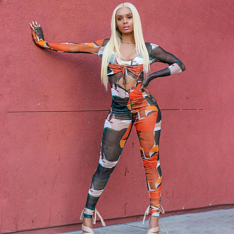 

Sexy Winter Ladies Hollow Out Long Sleeve Drawstring Contrasting Colors Jumpsuit