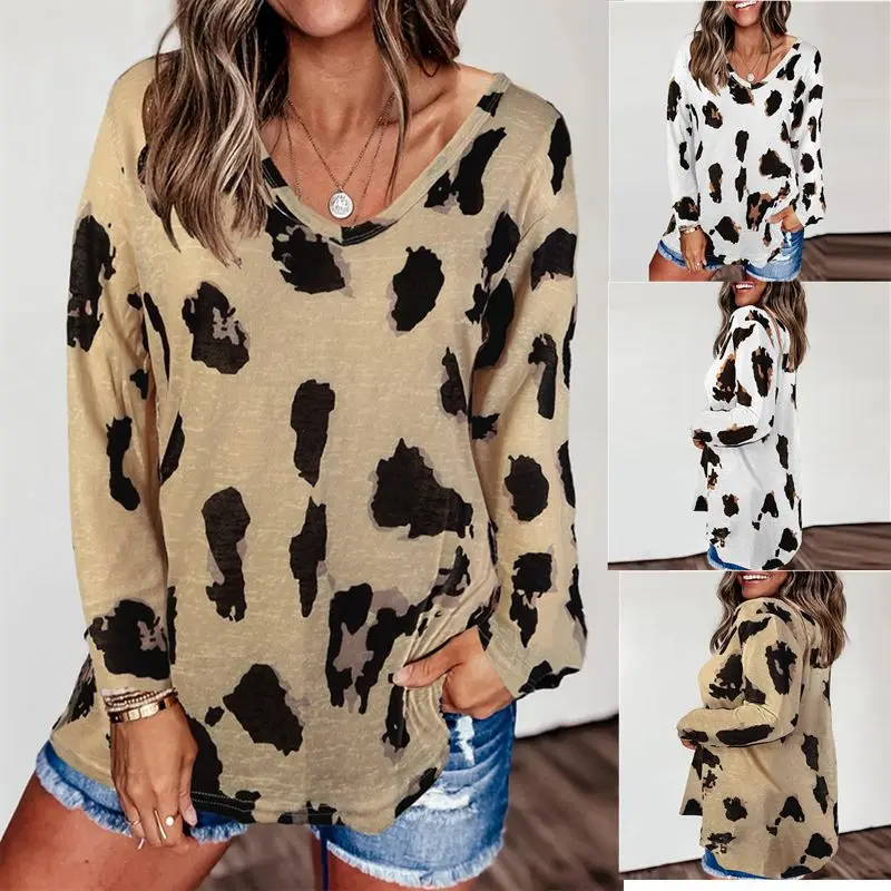 

2020 autumn and winter new leopard print long-sleeved pullover large size loose casual bottoming blouse