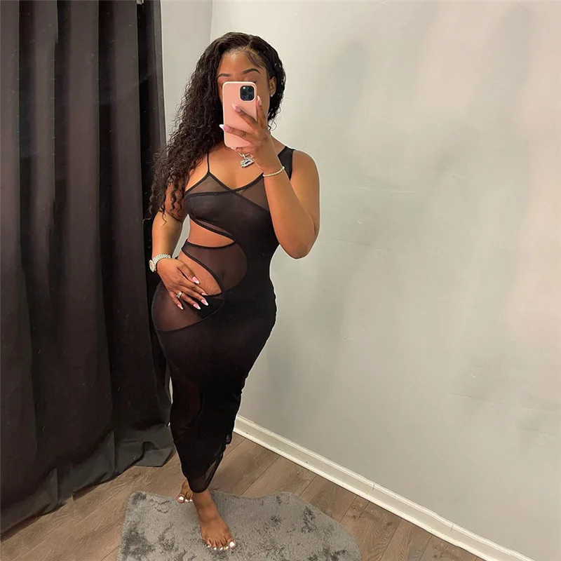 

2021 summer women's new mesh long skirt see-through hollow sexy slim maxi dress