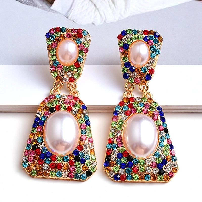 

Kaimei High-Quality Rhinestones Jewelry Accessories For Women Wholesale New Design Geometric Metal Crystal Pearl Long Earrings, Many colors fyi