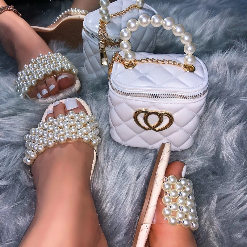 

BoBoYu women pearl sandals matching bags set flat slides slipper hand purse set ladies rhinestone sandals and bag set, 4 colors as picture