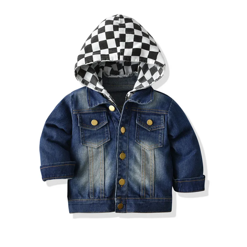 

Denim Checkerboard Hooded Spring and Autumn Toddler Boy Children Cotton Long-sleeved Casual Jacket Coat for Boy, Picture shows