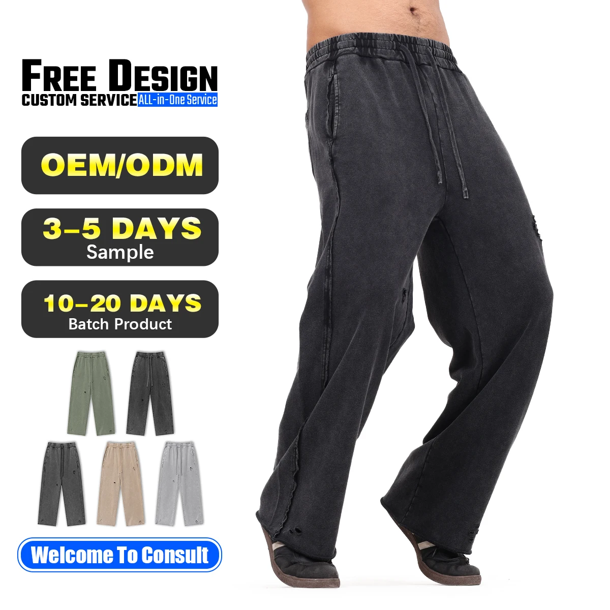 Vintage Spring Acid Wash Distressed Men's Straight Sweatpants Loose Fit Cotton Cargo Pants Baggy Style OEM Service