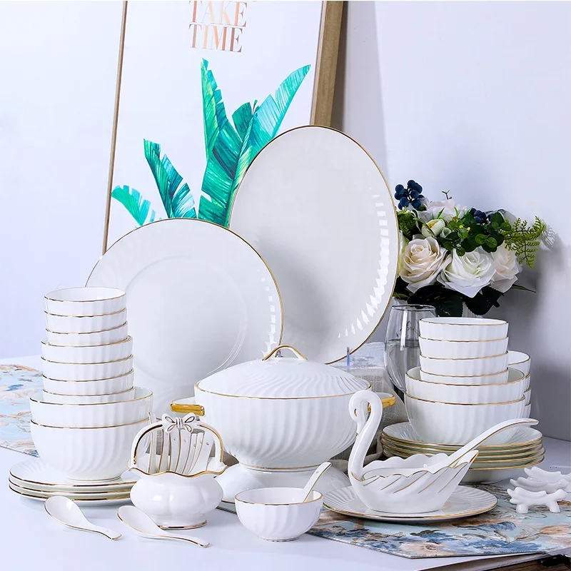 

2021 new arrival 60pcs porcelain dinnerware luxury gold rim stripe vertical line white ceramic dinner set, As the photos