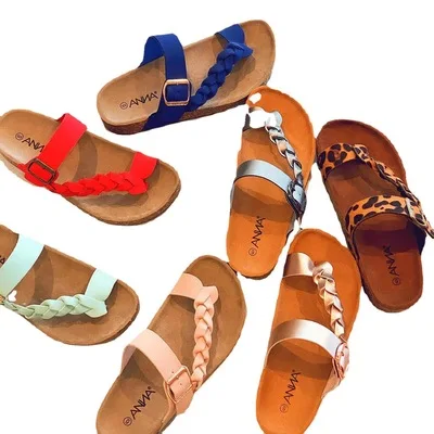 

2021 New Summer Ladies Solid One Button Outdoor Sandals Women Flat Toe Woven Slippers, As per customer's request
