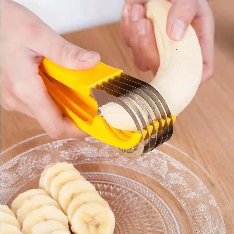 

Amazon Hot Sale Kitchen Tools Food Grade Stainless Steel Vegetable Fruit Safe Cutter Banana Slicer, Yellow