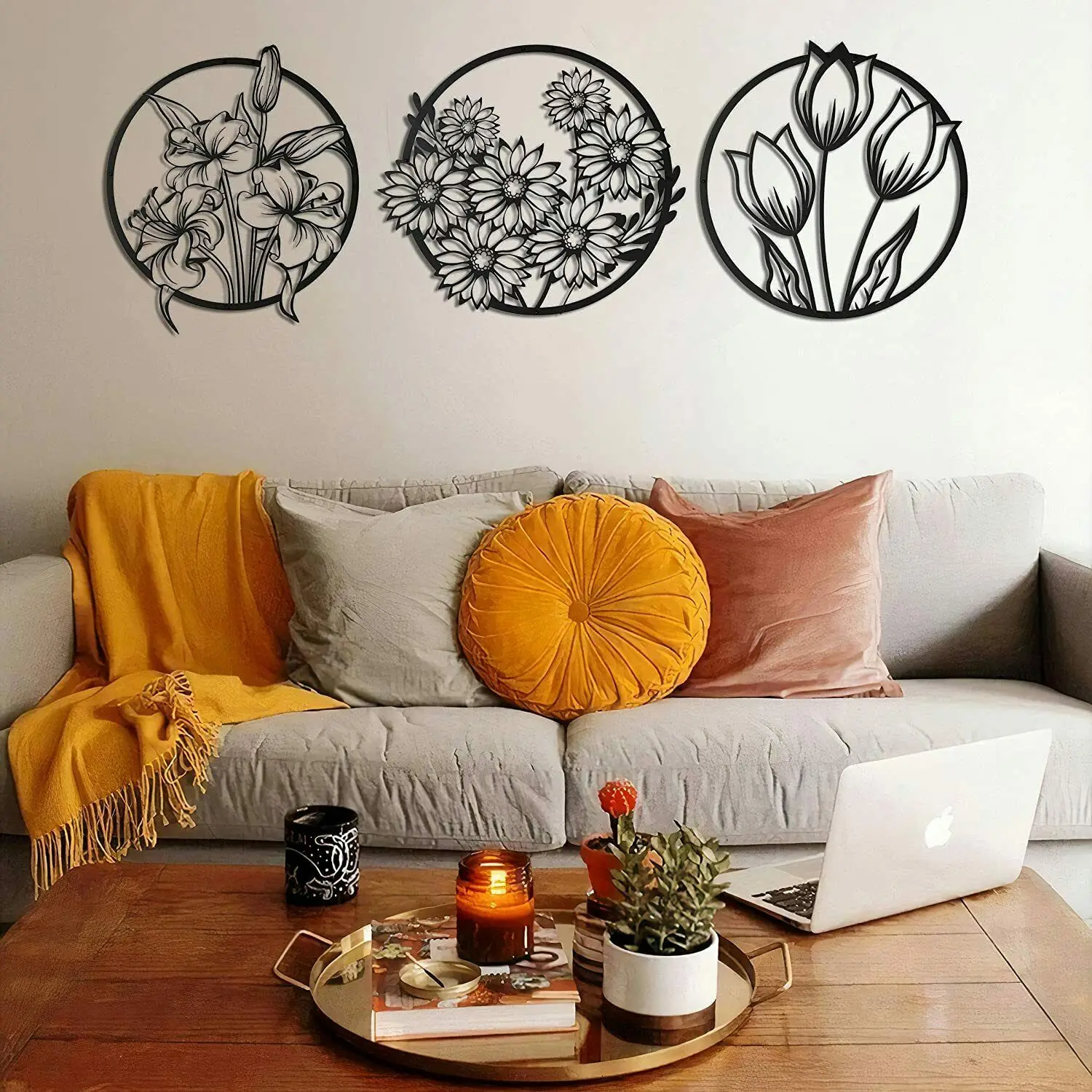 

Flowers Modern Wall Art, Metal Wall Decoration 3 Pieces for Home TY2422, Black