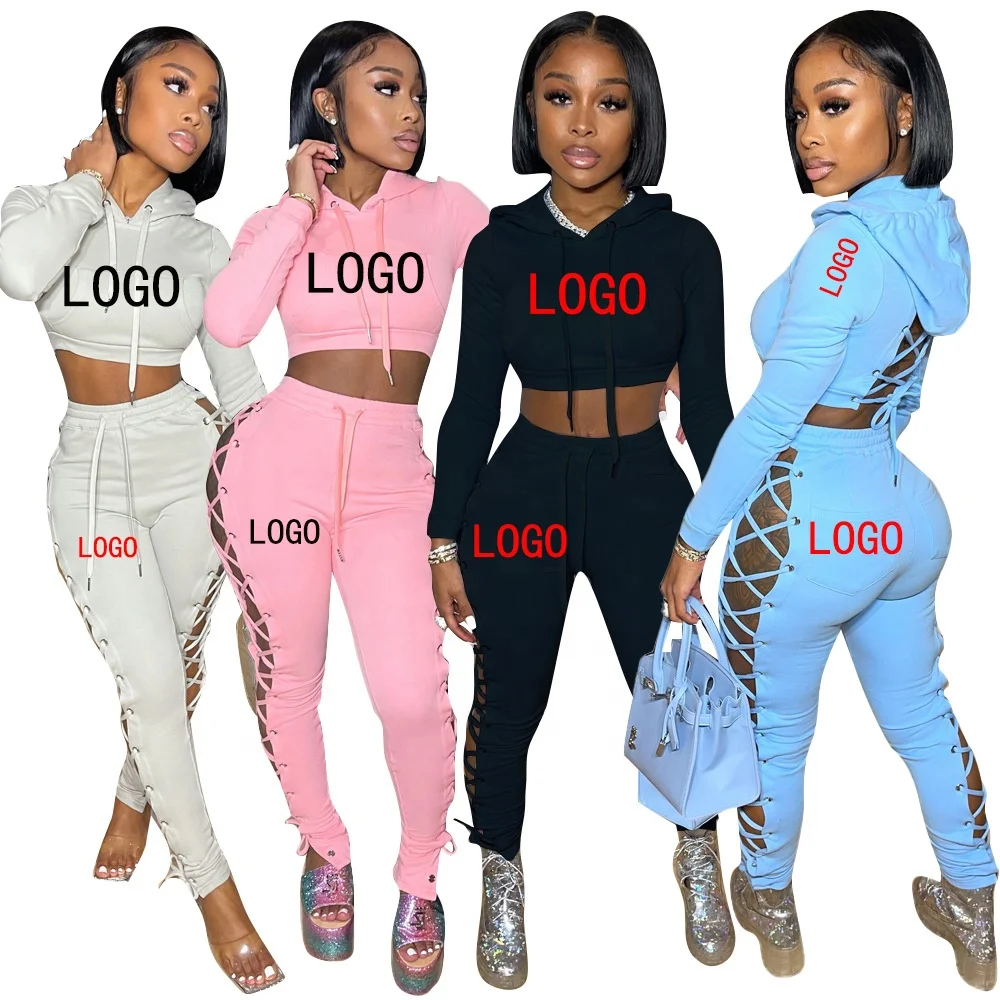 

Winter Wear for Women Crop Top 2 Piece Set Custom Logo Fall Outfits for Women Hollow Out Fleece Hood Sweatsuit with Jogger Set, 4 colors