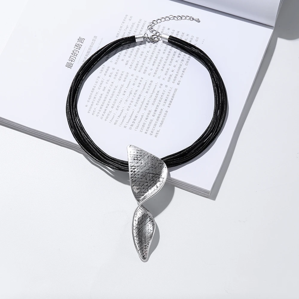 

TongLing alloy black multi layer rope string layered silver irregular leaf choker necklace for women