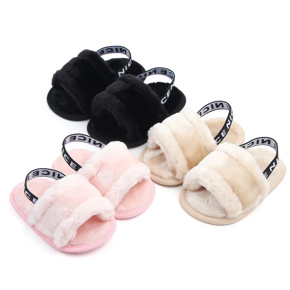 

Toddler Baby Girls Sandals Faux Fur Summer Slides with Elastic Back Strap Flats Slippers First Walker Shoes M3131