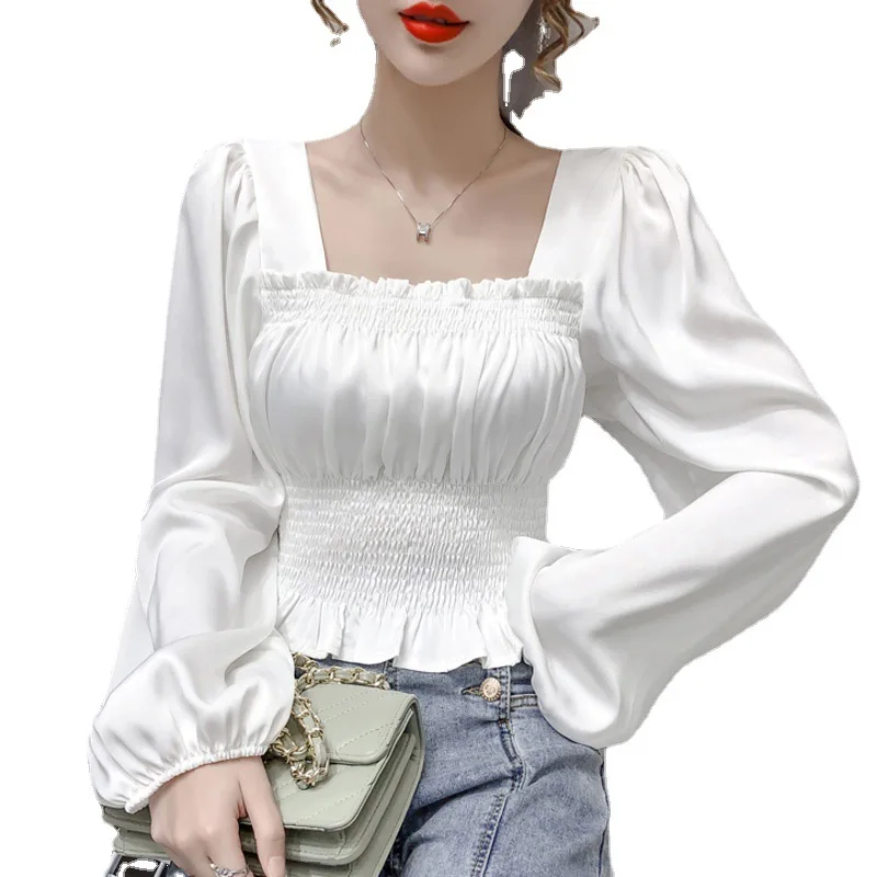 

Women Chiffon Long-sleeved Shirt Waist Square Collar Acetate Satin Blouse Puff Sleeve Top, Blue,red,black,white