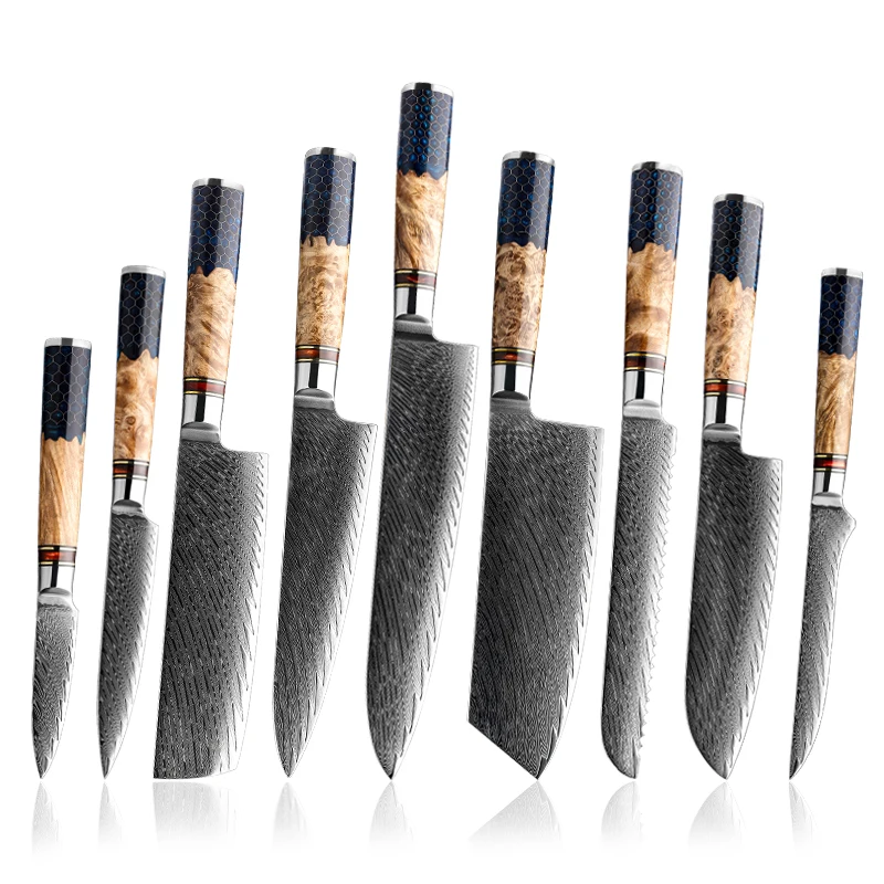 

New 9PCS Solidfied wooden with resin honeycomb Handle Damascus AUS10 67 Layers Chef Butcher Utility Bread Paring Kitchen Knife
