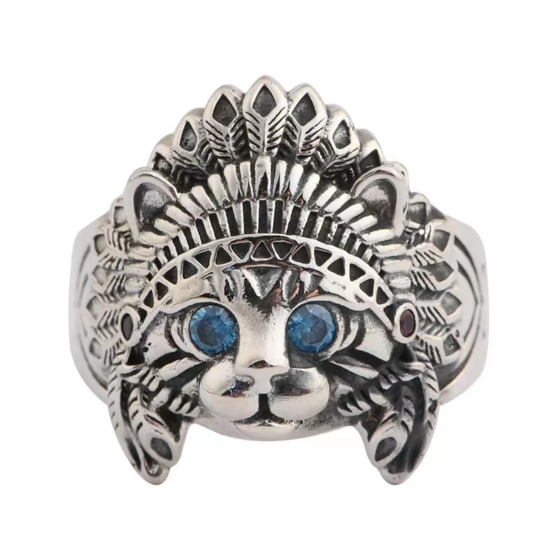 

Sterling Silver Cat Animal Rings Fashionable Cute Vintage Blue Stone Eyes Cat Shape Rings for Men Women