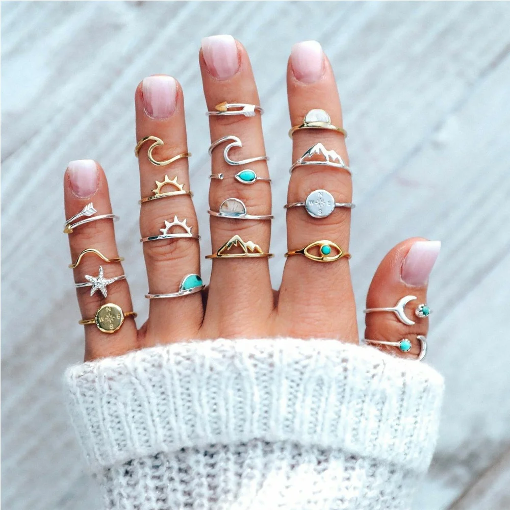 

20pcs/set Women Rings Set Compass Arrow Starfish Wave Moon Eyes Gem Gold Silver Color Opening Ring