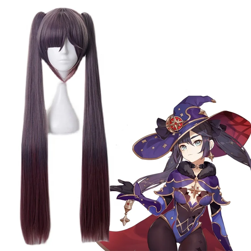 

Wholesale Genshin Impact Wig Cosplay 80cm Long Straight Purple Mixed Mona Peluca Synthetic Anime Hair Wig With Two Ponytails