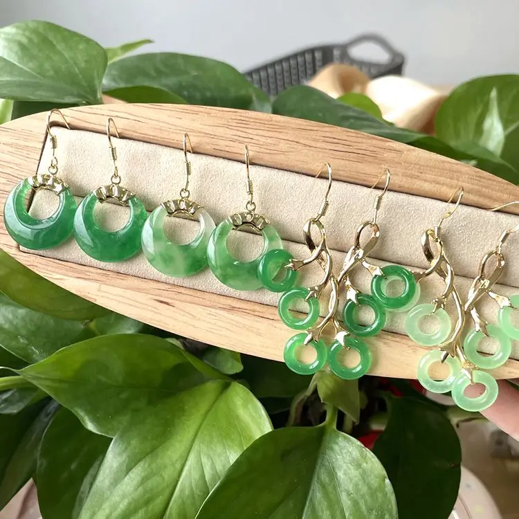 

Jialin 2021 INS new light green jade donut earrings natural disk circle green jade earring jade hoop earrings