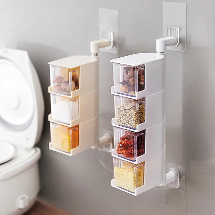 

A2575 Kitchen Wall Hanging Seasoner Boxes Rotatable Divider Plastic Tray Tools Clear Seasoning Box With Spoon, 3 colour, 2-4 layers