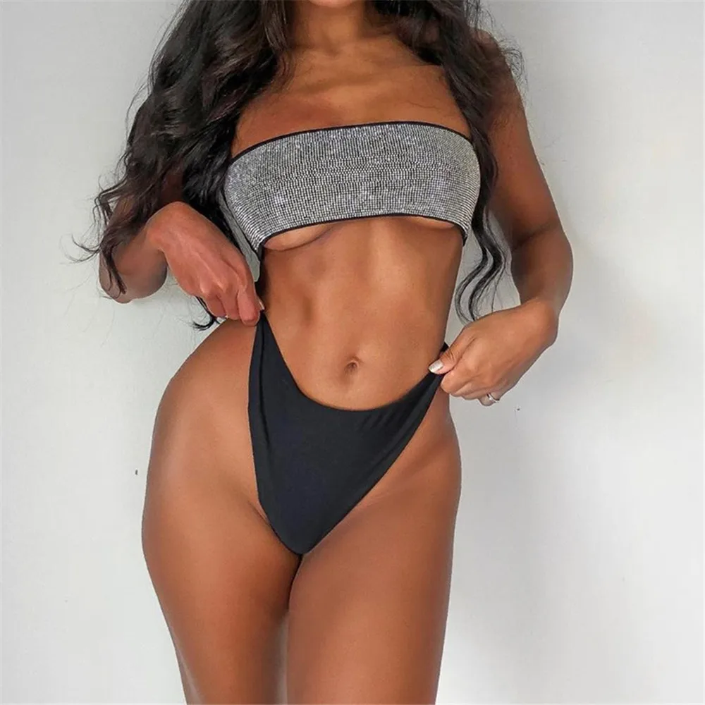 

Wholesale Women's Swimwear Two-piece Tube Top High Waisted Bikini Diamonds Set Sexy Swimsuit, Picture