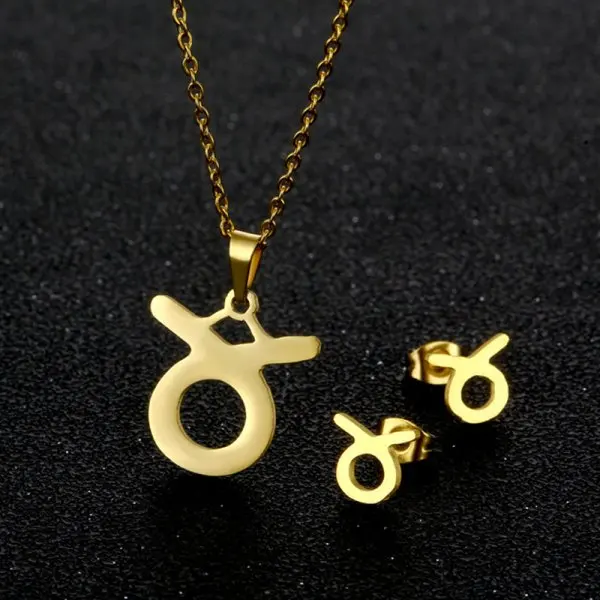 

12 Zodiac Necklaces Earrings Jewelry Sets Gold Color Stainless Steel for Couple Women 2021 lover Girls Gift Party