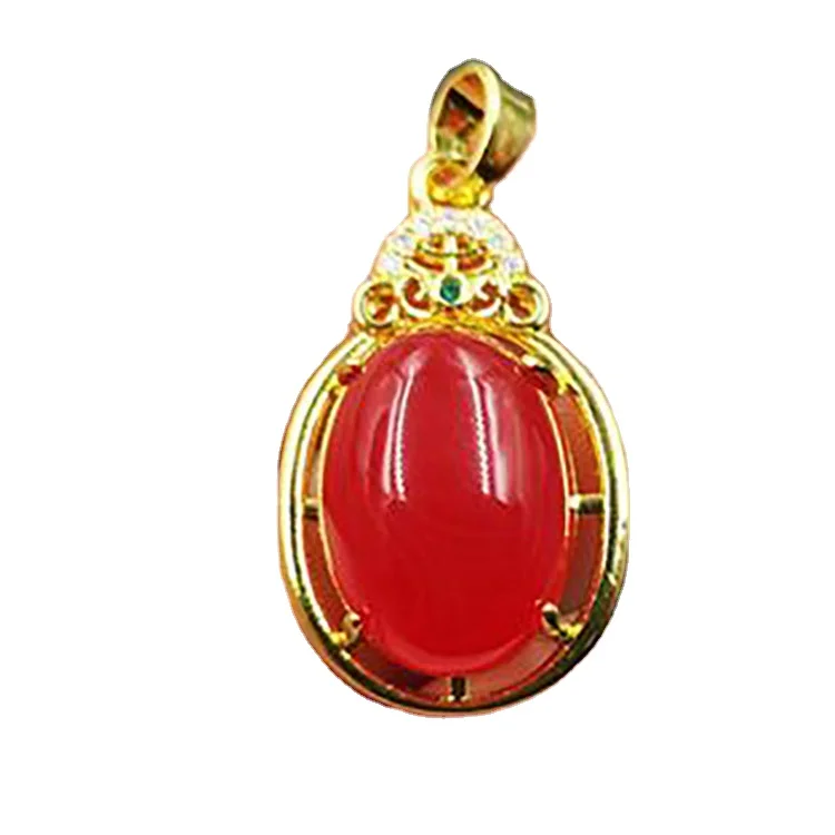 

925 Bright Gold Inlaid Red Agate Egg-Shaped Pendant White Chalcedony Pendant Carnelian