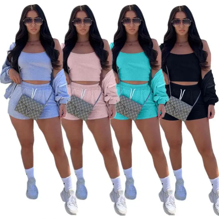 

S6230 Fall New Solid Color Three Piece Set Piece Long Sleeve Crop Top And Shorts Piece Set Women Clothing