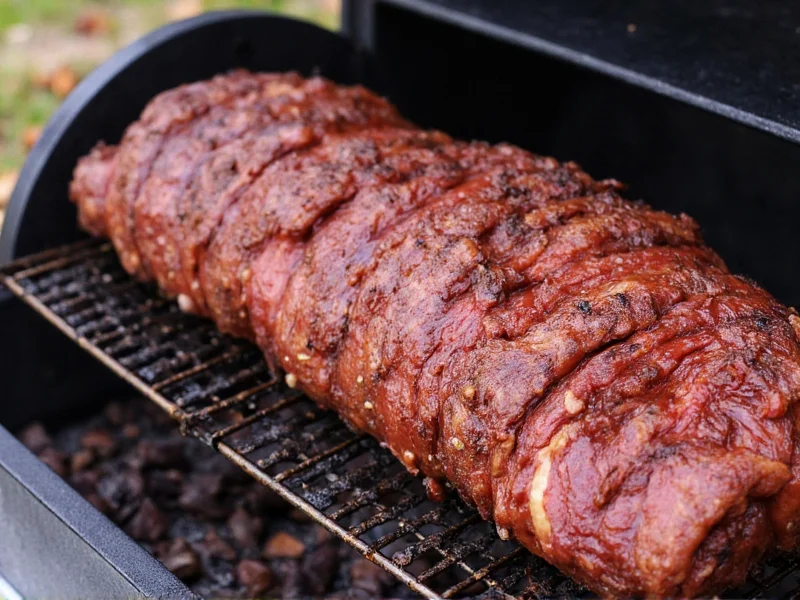 Homemade pastrami smoking process in backyard smoker