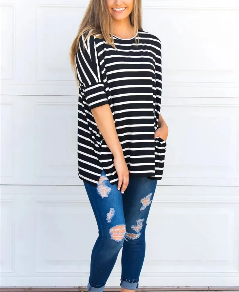 

2021summer women short sleeved top tshirt striped tees with pockets casual shirt for ladies