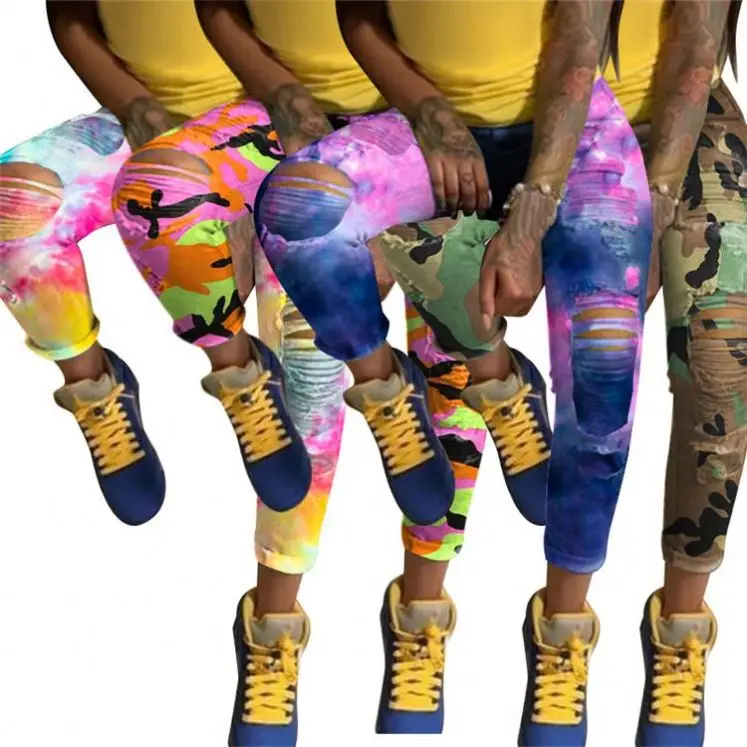 

Best Design Fall Apparel Tie Dye High Waisted Distressed Denim Ripped Jeans Women