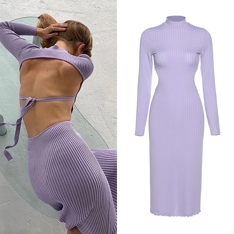 

Vestidos Elegant Backless Female Autumn Knitting Dress Fashion Simple Long-Sleeve Bandage Ribbing Casual Midi Dress