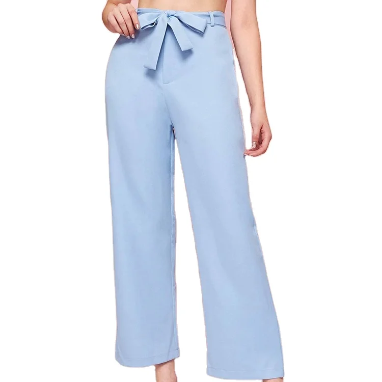 

2021 Fashion Casual Excellent Quality Solid Color High Waist Ladies Bowknot Belted Wide Leg Pants, Picture color,customize