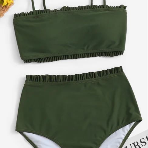 

Dark green print bikini ladies swimsuit triangle lace-up swimsuit, Picture