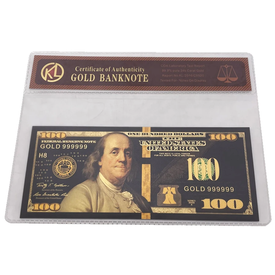 

USA Gold Black Foil 100 dollars bill with COA bag USD plastic Banknotes collection cards for dedor