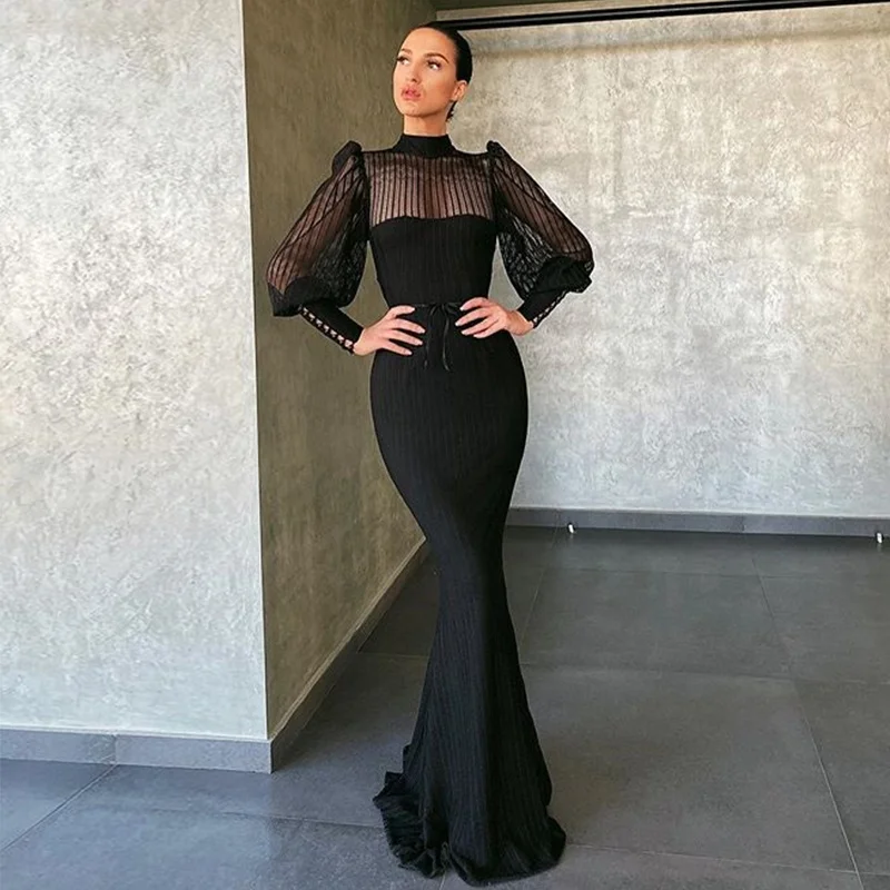 

Vintage Long Sleeve Sheer High Neck Black Lace Mermaid Evening Dress, Custom color