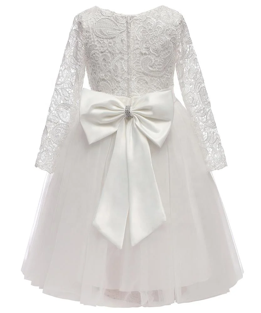 

length to knee long sleeve white lace flower girl dress