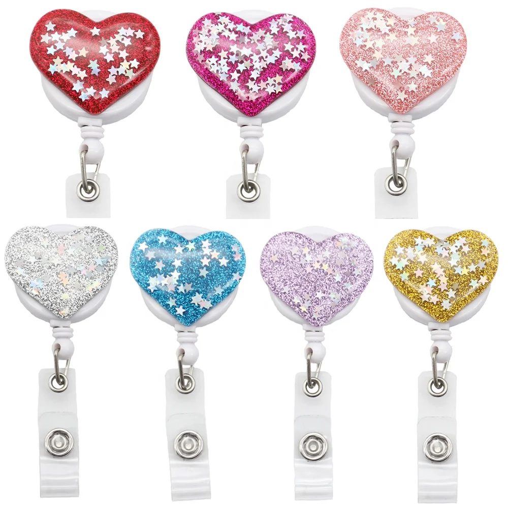 

Office Supply Heart Shape Star Paillette ID Name Card Holder Retractable Badge Reels For Nurse Doctor Work Accessories