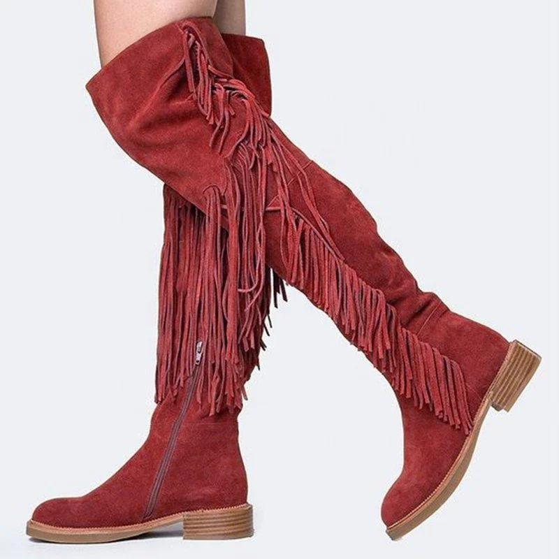 

Wholesale Suede Upper Tassel Warm Low Chunky Heel Winter Women Thigh High Boots Fashion Side Zip Women Long Booties Big Size 43, Yellow,red,black,khaki,grey