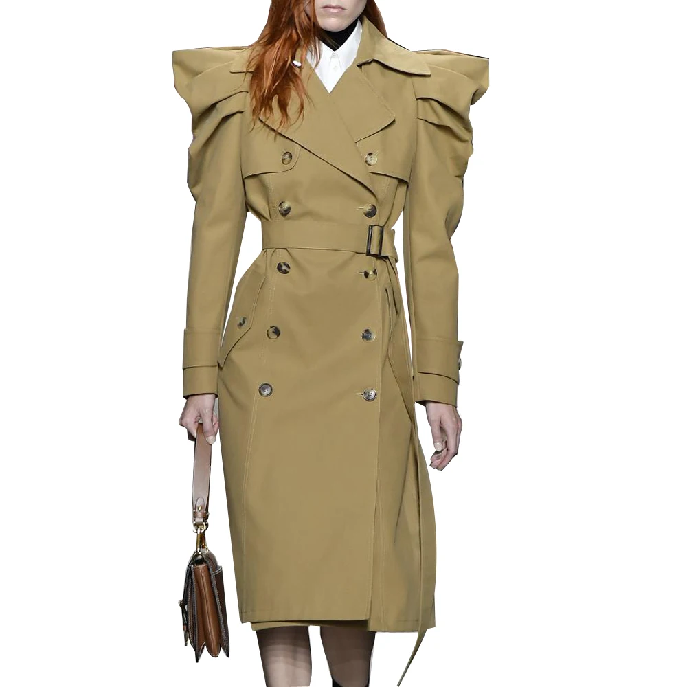 

Popular sales Of British style fully lined beige puffy-sleeved double-breasted long trench coat for women fashion 2021