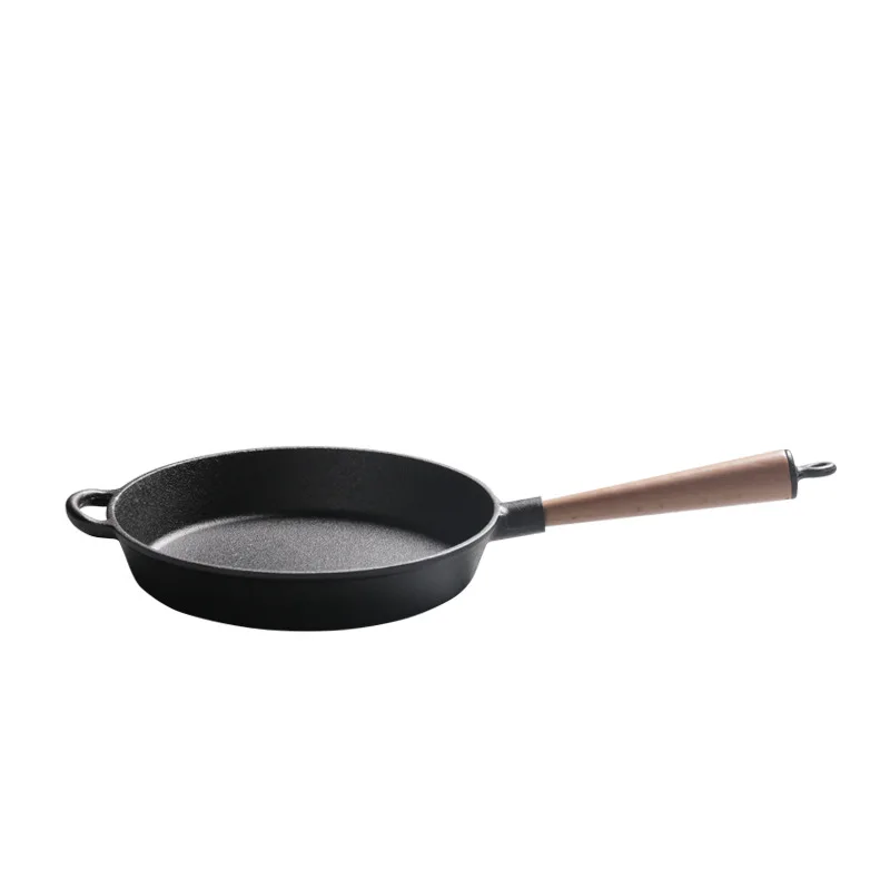 

amazon hot sell cast iron wok pan skillet cast iron cookware sets frying pan with wooden handle, Black