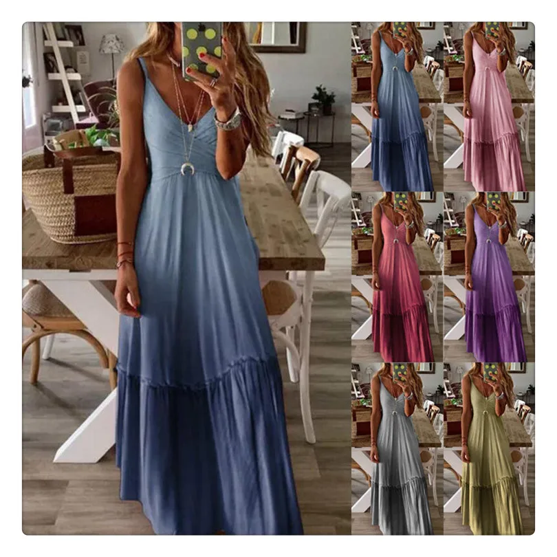 

2020 new arrivals Loose V-neck Gradient color Sling long plus size 5xl maxi dresses women, Customized color/as show