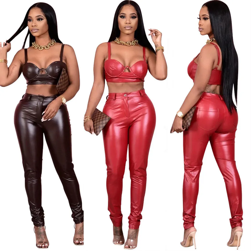 

21025-MX24 high quality casual simple leather women's trousers pants sehe fashion